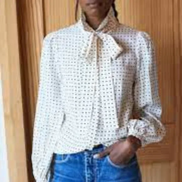 Emerson Fry • Frankie Blouse 30's Print Silk Cream Dotted Puff Sleeve Small - Picture 3 of 6